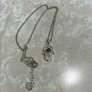 Silver Necklace with Blue Eye Hamsa Pendant